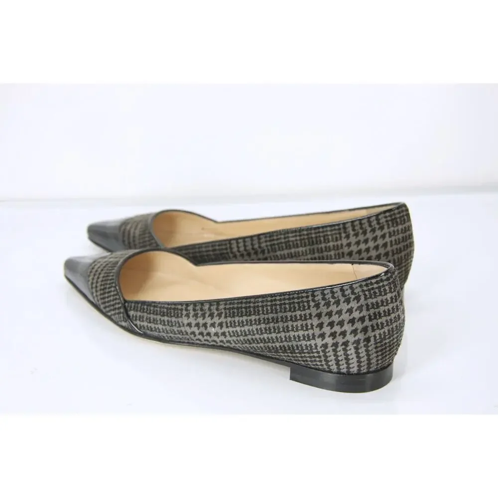 Manolo Blahnik Grey Houndstooth Tweed Ahalaya Cap Toe Ballet Flats